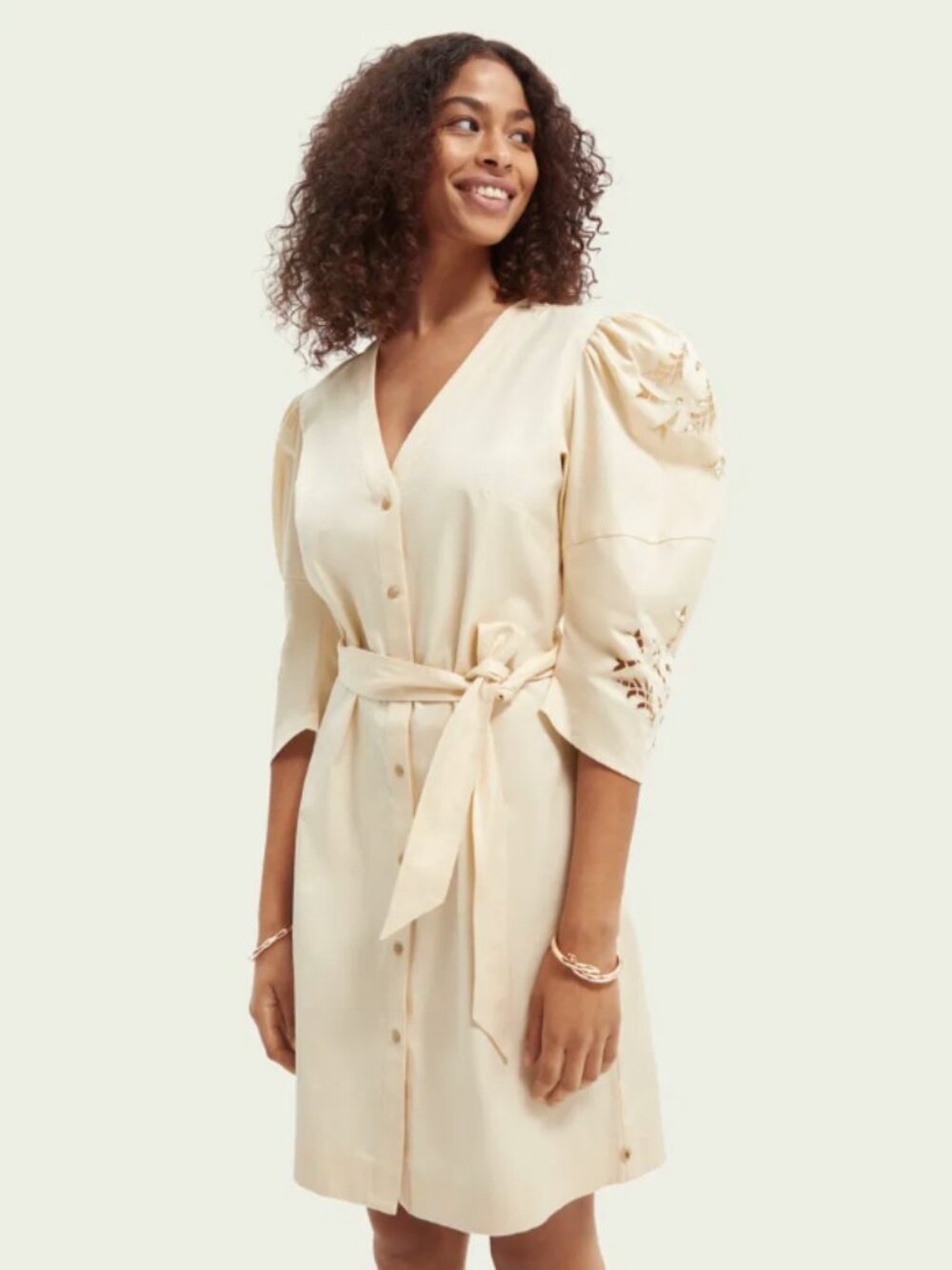 Scotch & Soda Cream Button-Front Mini Dress with Embroidered Sleeves, Size S